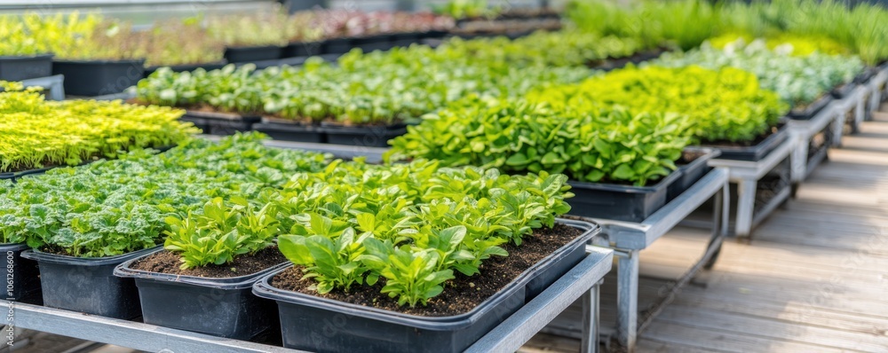 A greenhouse filled with various potted plants arranged on shelves for cultivation. A greenhouse filled with various potted plants arranged on shelves for cultivation.