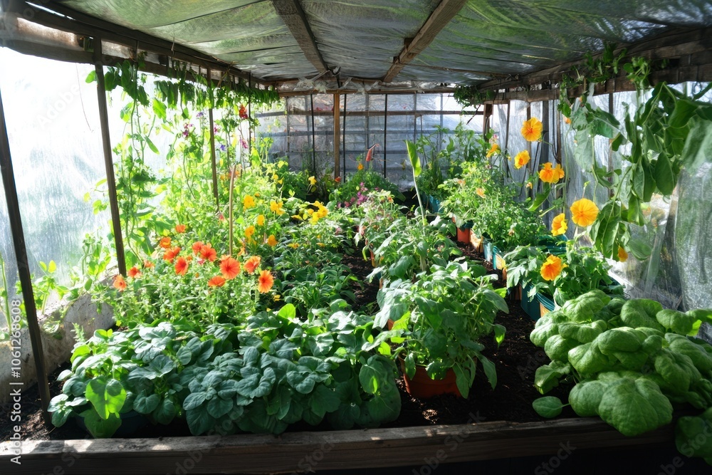 A vibrant greenhouse filled with various plants and flowers, showcasing gardening efforts. A vibrant greenhouse filled with various plants and flowers, showcasing gardening efforts.