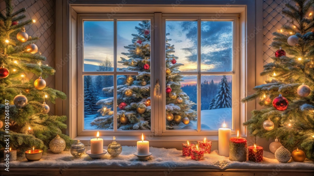 Cozy winter scene looking through a window at a decorated Christmas tree with lights and candles on a windowsill, Christmas Cozy winter scene looking through a window at a decorated Christmas tree with lights and candles on a windowsill, Christmas