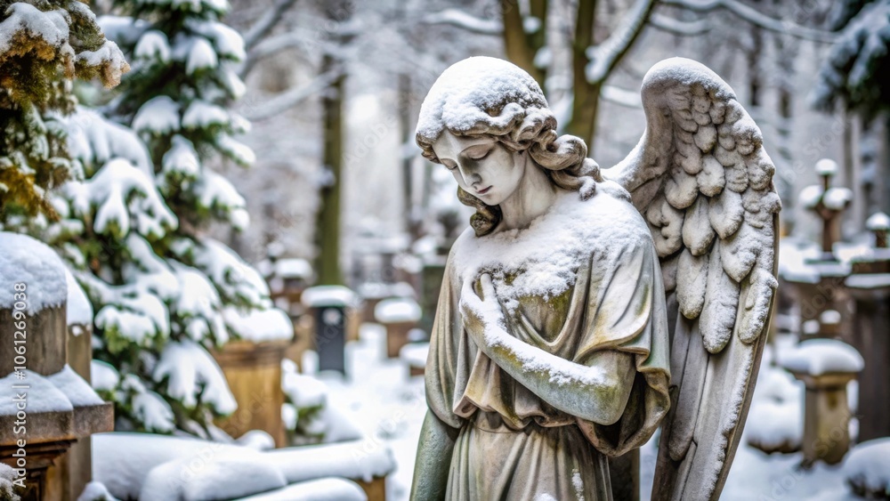 Fototapeta premium Snow-covered angel statue in winter cemetery, symbolizing sorrow and remembrance, snow, winter, angel, statue, cemetery
