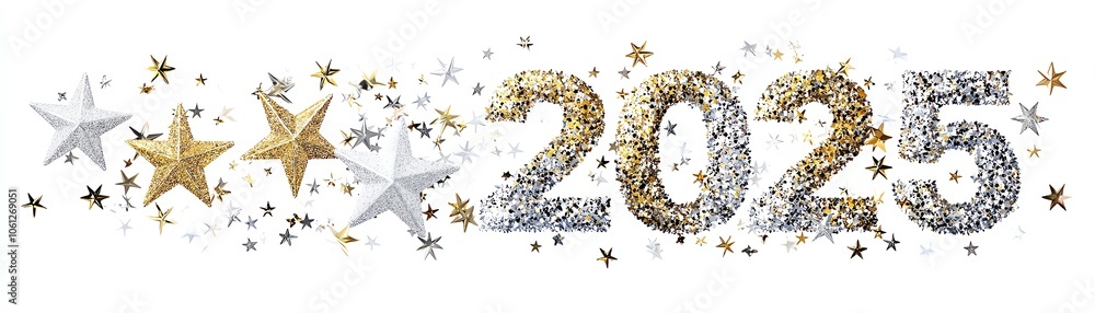 2025 celebration with gold and silver stars, festive design, isolated on white background. 2025 celebration with gold and silver stars, festive design, isolated on white background.