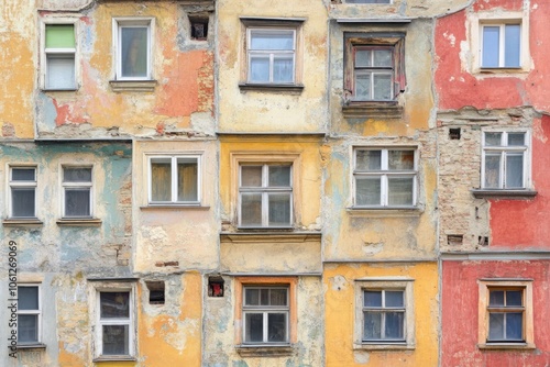 A weathered building facade showcasing colorful, peeling paint and various window styles.