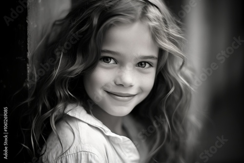 Portrait of a beautiful little girl with long curly hair. Black and white.