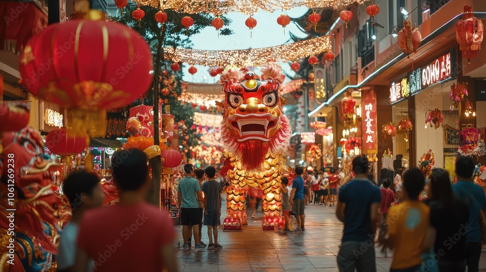 Obraz premium chinese new year celebration on the street like carnival and parade, with lampion, liong, dragon, 