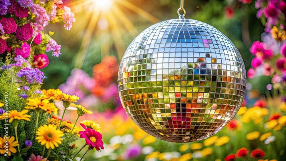 Obraz premium Disco ball surrounded by vibrant flowers at a summer party , disco ball, flowers, colorful, party, celebration, dance, music