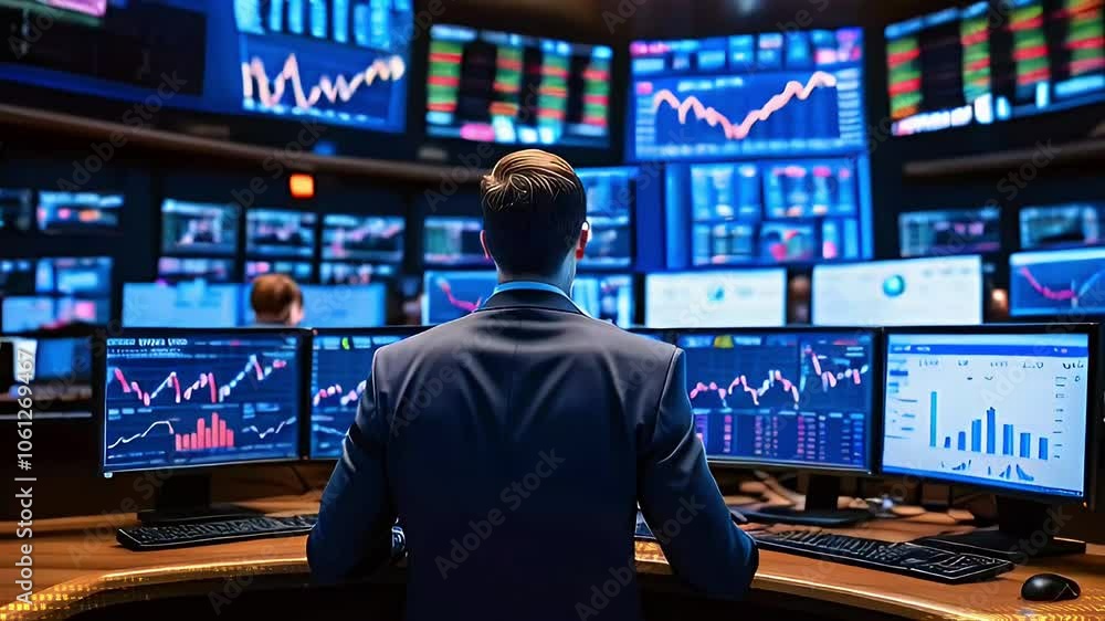 Man in a suit sits in front of a computer looking at graphs and charts. Man in a suit sits in front of a computer looking at graphs and charts.