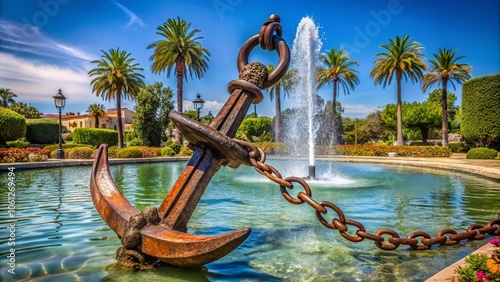 A vintage ship anchor fountain adds a maritime touch to Spanish Park.