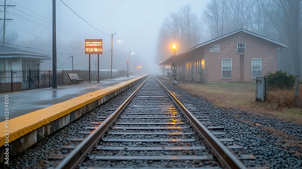 Obraz premium Foggy train station invites reflection on time and journey beneath soft street lights