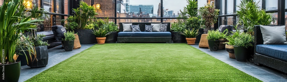 A stylish rooftop terrace with artificial grass and lush plants for relaxation. A stylish rooftop terrace with artificial grass and lush plants for relaxation.