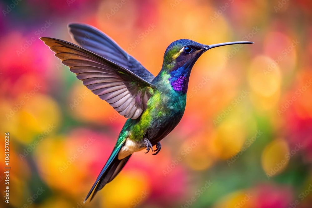 Fototapeta premium Blackthroated Mango Hummingbird in Flight with Colorful Background - High Depth of Field