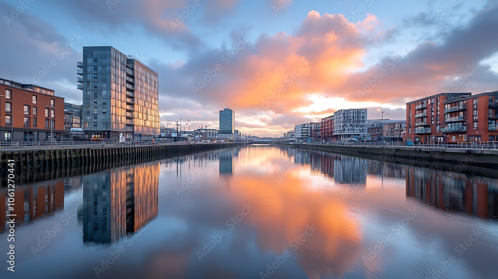 Urban reflections a serene evening over water in modern architecture setting Urban reflections a serene evening over water in modern architecture setting