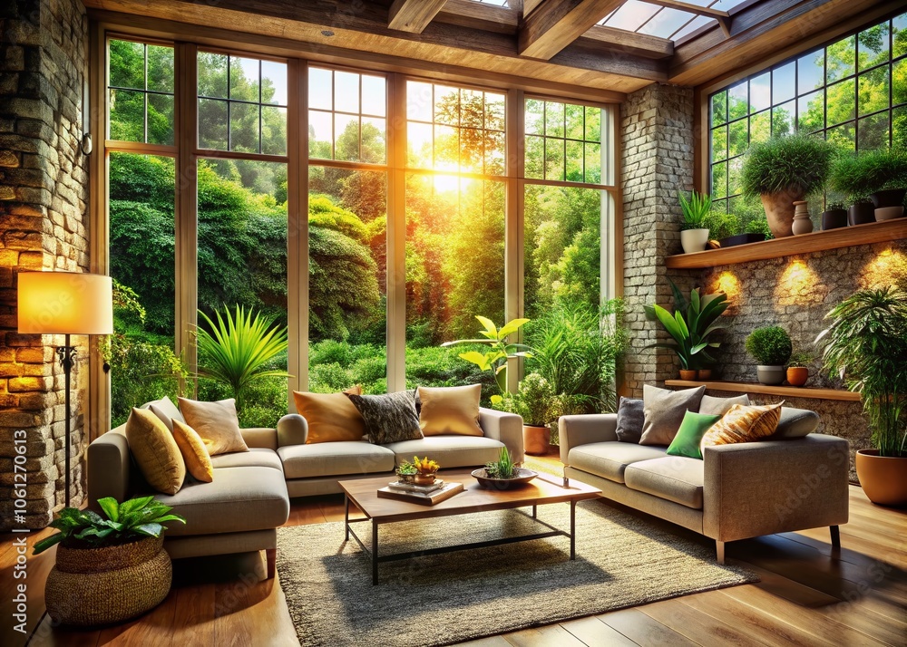 Fototapeta premium Bokeh enhances biophilic design, creating sustainable spaces that connect with nature.