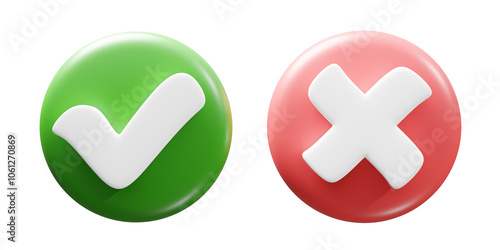 3D illustration of two green circle icons with a white check mark symbol indicating approval, success, and a red cross on rejection, failure, or error. photo