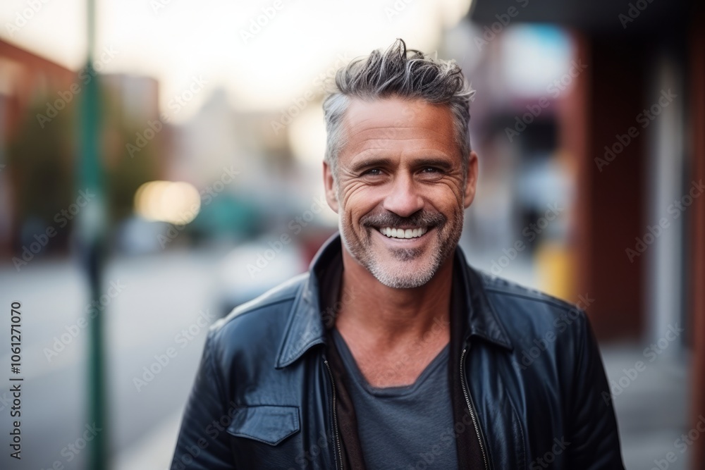 Portrait of a handsome middle aged man smiling at the camera outdoors Portrait of a handsome middle aged man smiling at the camera outdoors