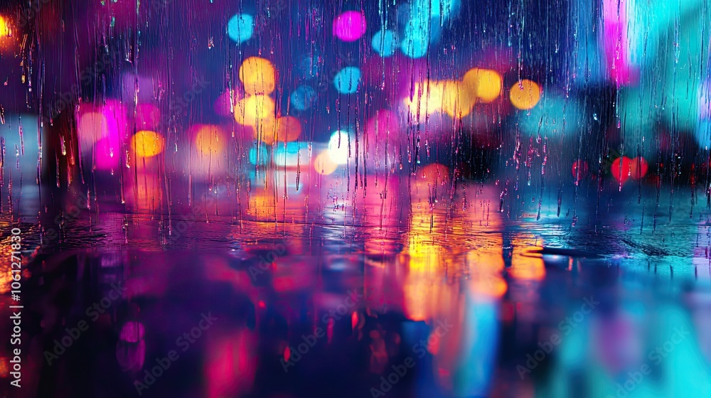 Abstract city lights reflecting in a puddle on a rainy night. Abstract city lights reflecting in a puddle on a rainy night.