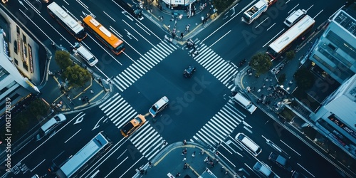 Aerial view of a busy urban intersection with vehicles and pedestrians.