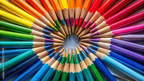 Colorful pencils arranged in a circular pattern, a captivating macro photograph that captures the artist's mind's eye.