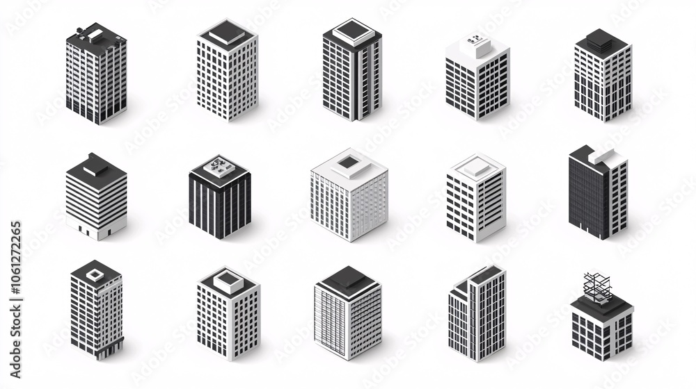 2410_078.minimalist black and white building icons, axonometric projection, array of square and rectangular shapes, varied heights, clean geometric design, urban planning illustration style 2410_078.minimalist black and white building icons, axonometric projection, array of square and rectangular shapes, varied heights, clean geometric design, urban planning illustration style