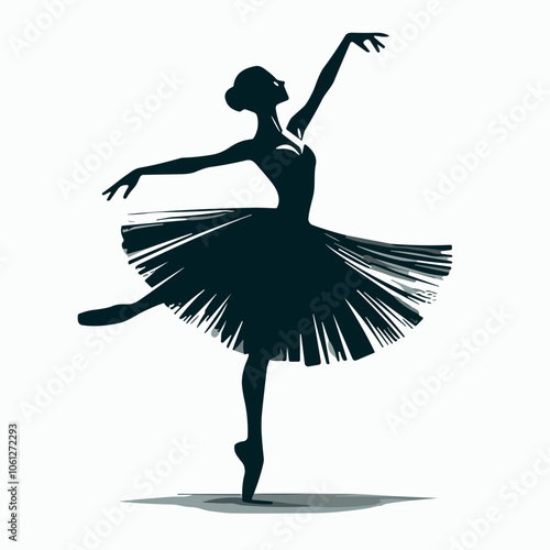 Silhouette of a ballet dancer performing grace on a white background with copy space