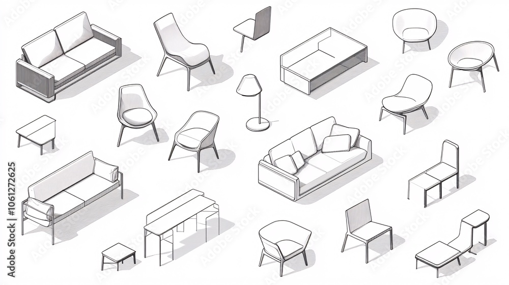 custom made wallpaper toronto digital2410_020.furniture design blueprint collection, elegant seating sketches, floating isometric arrangements, modern chair outlines, clean architectural drawing style, professional interior design