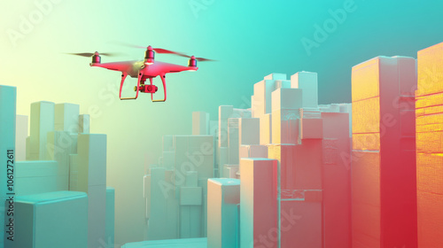 Drone Flying Over Abstract Cityscape at Sunset