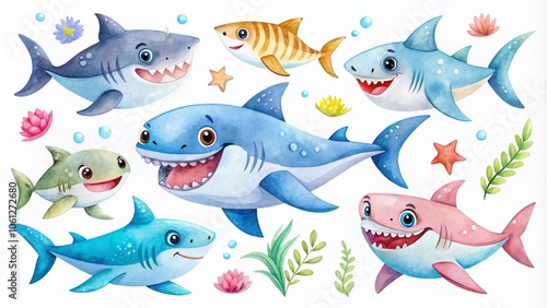 Cute Watercolor Shark Clipart - Cartoon Ocean Fish for Kids