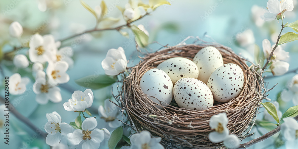 Fototapeta premium Speckled Eggs in Nest with Spring Blossoms