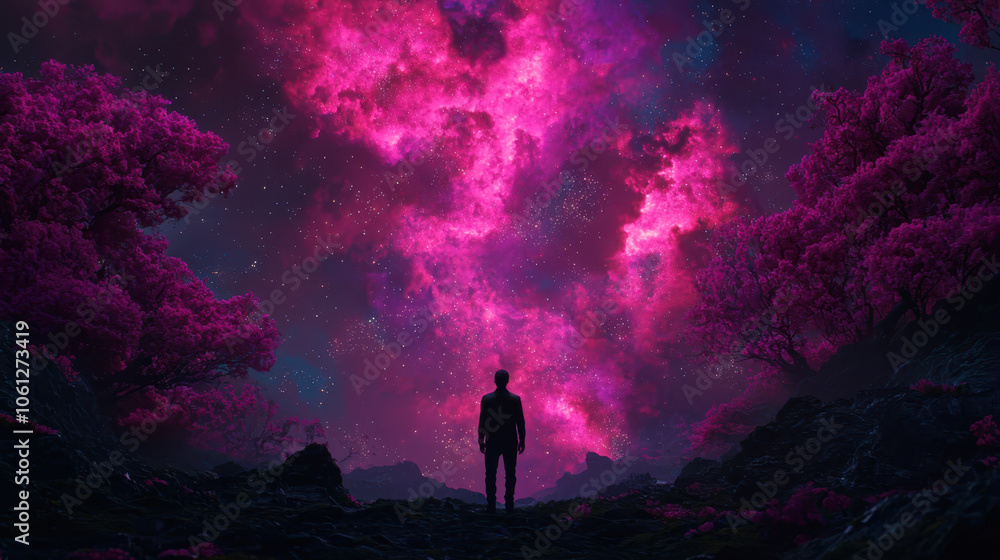 Fototapeta premium person stands in surreal landscape under vibrant pink sky filled with stars