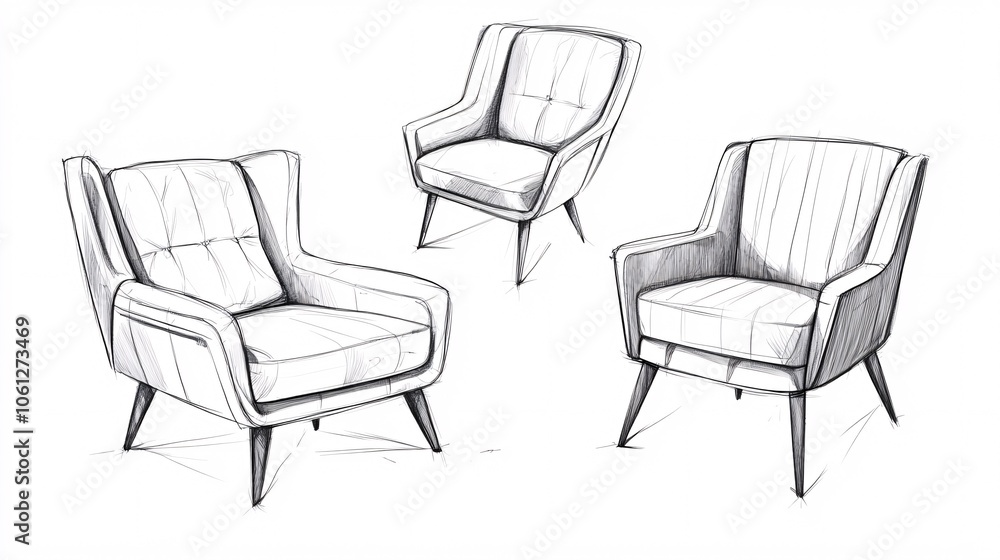 Fototapeta premium 2410_017.modern seating furniture sketches, elegant chair design compilation, minimal line drawing style, isometric furniture catalog, refined armchair contours, professional interior design