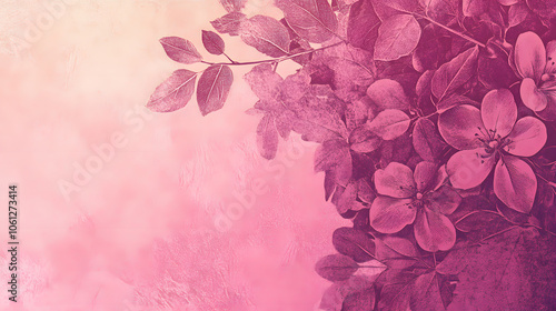 A vintage-inspired illustration of pink flowers and leaves against a soft, textured background. photo