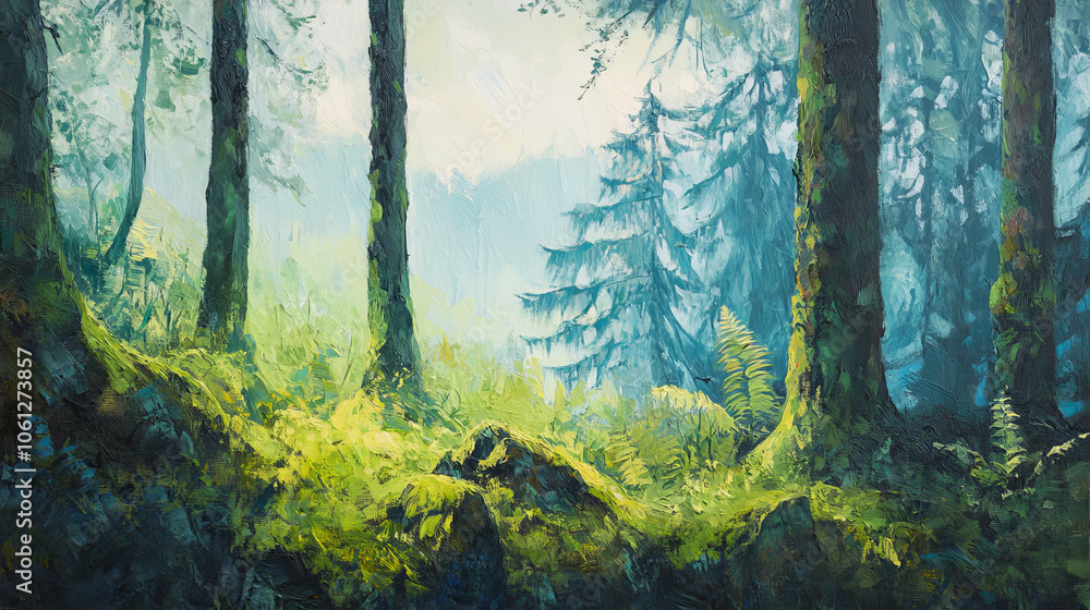 Obraz premium Serene Forest Landscape Painting with Sunlit Trees