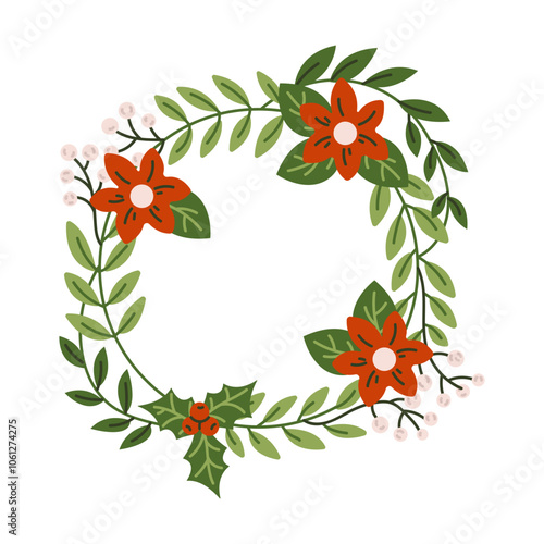 Christmas wreath with mistletoe and poinsettia flat color vector object. Home decoration for winter holidays illustration on white background