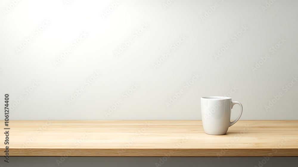A single, clean, simple coffee mug sits on a plain wooden table. A single, clean, simple coffee mug sits on a plain wooden table.