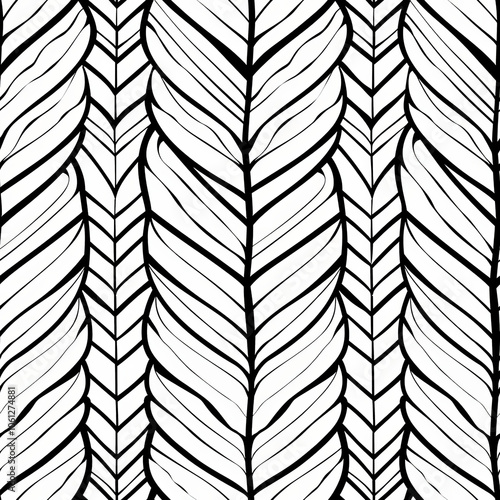 A striking black and white pattern featuring beautifully detailed leaves arranged in a repetitive layout. This design serves as a bold backdrop, ideal for various artistic applications. photo