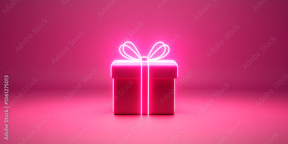 Neon Gift Box with Pink Glow on Gradient Background Neon Gift Box with Pink Glow on Gradient Background