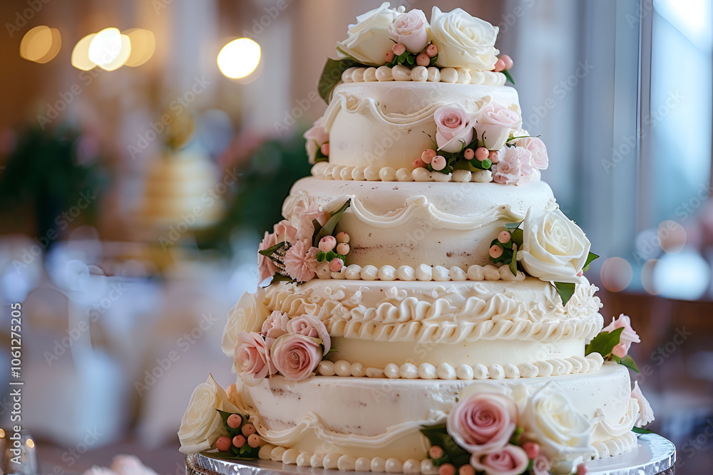 A large beautiful wedding cake covered in whipped cream and decorated with delicate flowers, Wedding cake with roses on the table. Shallow depth of field. A large beautiful wedding cake covered in whipped cream and decorated with delicate flowers, Wedding cake with roses on the table. Shallow depth of field.
