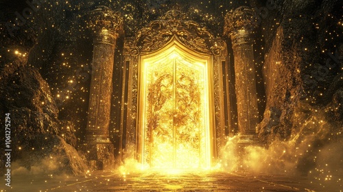 Golden door opening to radiant light, [unlocking success], [visual metaphor for new opportunities and breakthroughs]