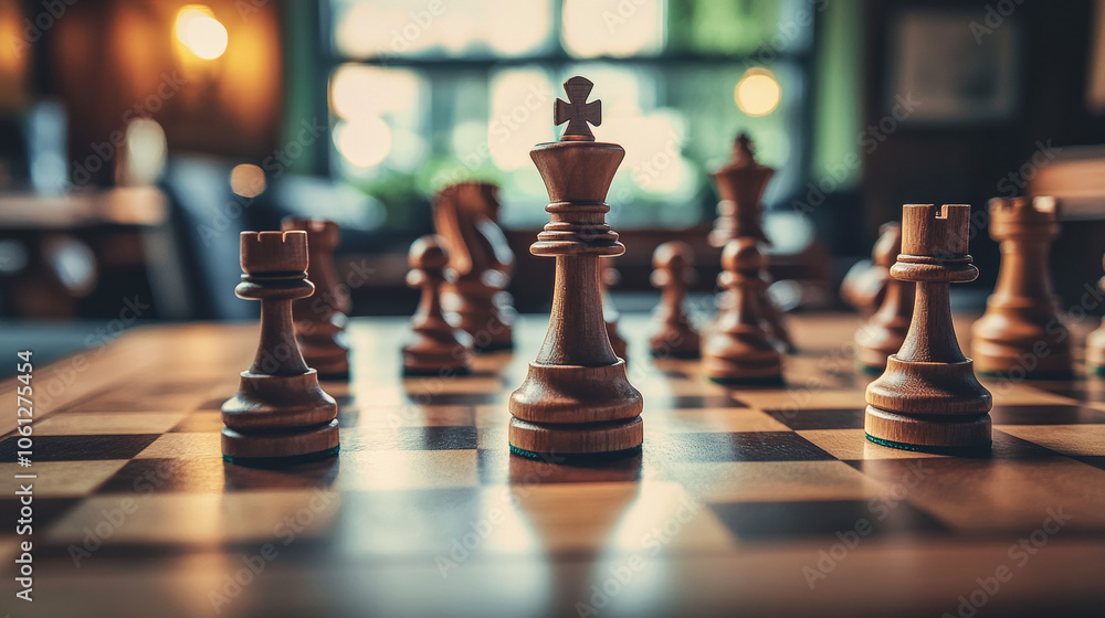 Chess Pieces on Wooden Board with Blurred Background Chess Pieces on Wooden Board with Blurred Background