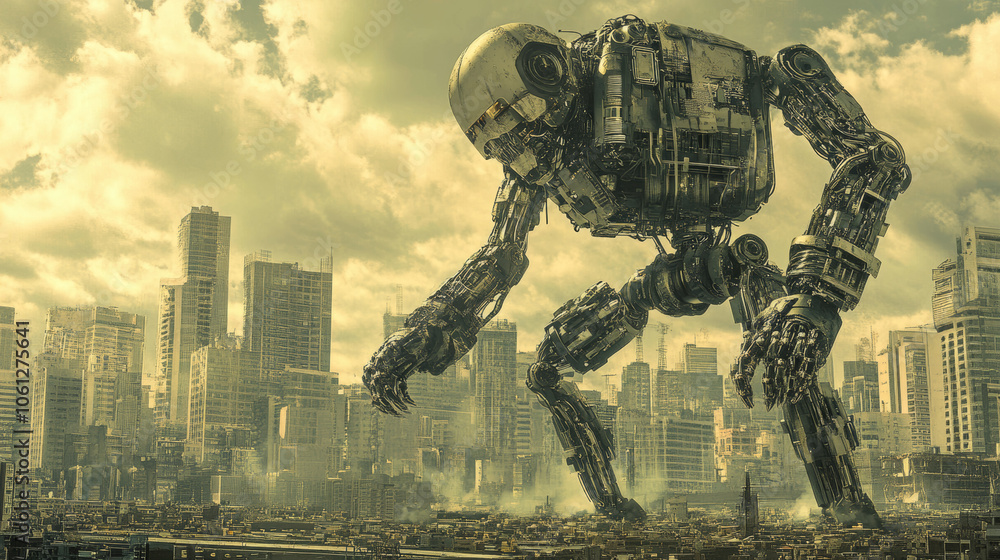 Fototapeta premium Giant Robot Overlooking Futuristic Cityscape