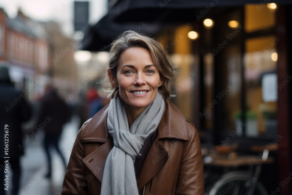 Portrait of a smiling middle-aged woman wearing a brown leather jacket and scarf standing in a street cafe Portrait of a smiling middle-aged woman wearing a brown leather jacket and scarf standing in a street cafe