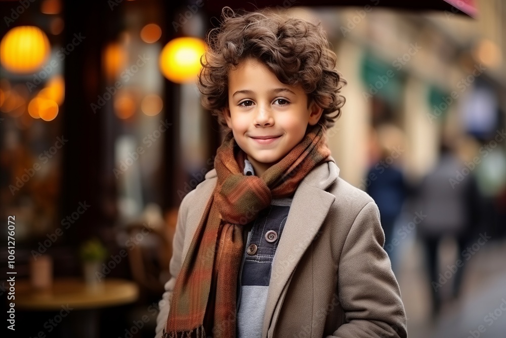 Portrait of cute little boy with scarf and coat in the city Portrait of cute little boy with scarf and coat in the city