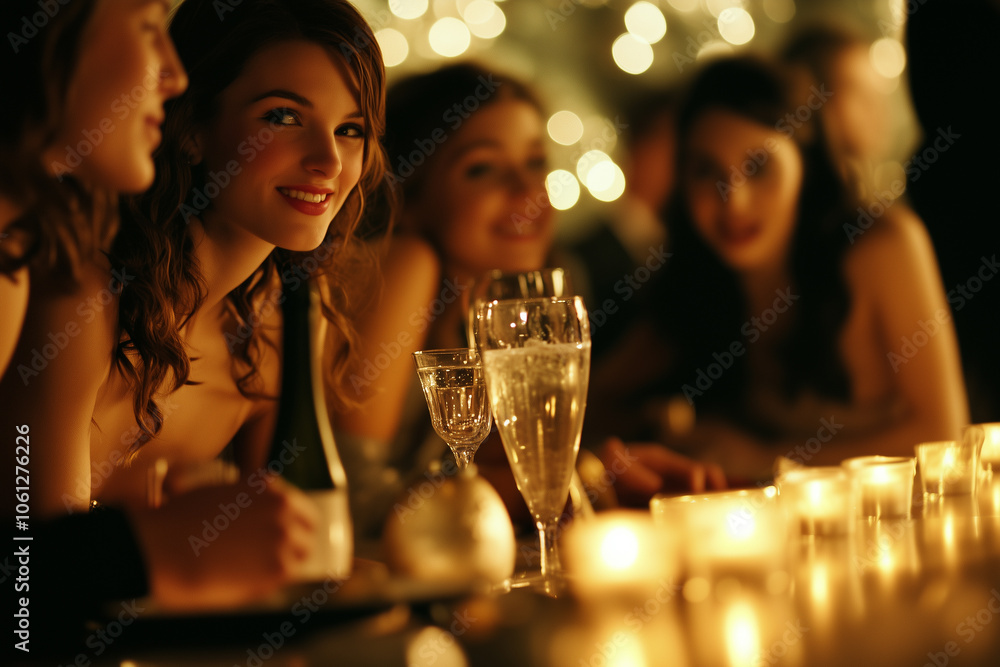 Party, celebration and woman with champagne.