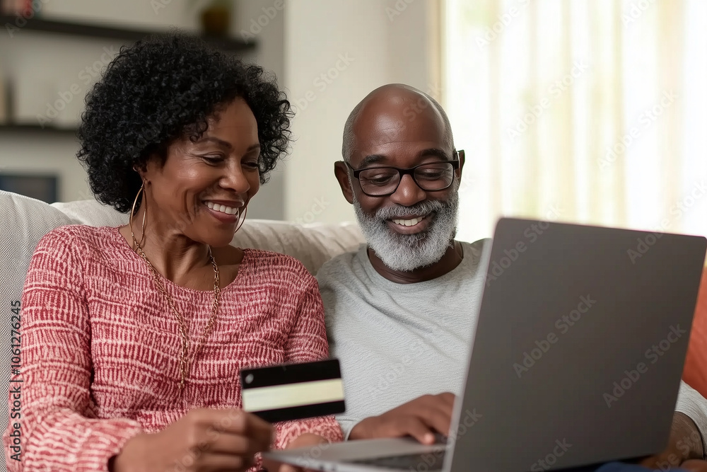 Couple senior use credit card and using laptop for shopping online.