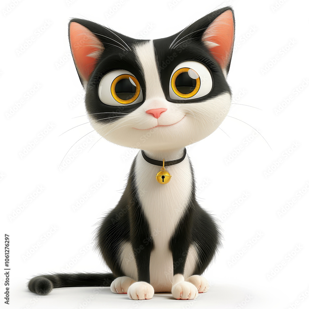 Fototapeta premium A charming animated cat character with black and white fur sits upright, showcasing a joyful facial expression. Its large eyes and playful demeanor exude friendliness in a vibrant environment.