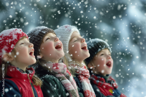 Children singing christmas carols on a snowy day.