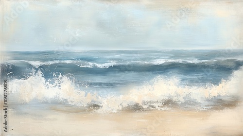 Soft-focus beach waves in muted blue and beige tones, evoking calm and peace.