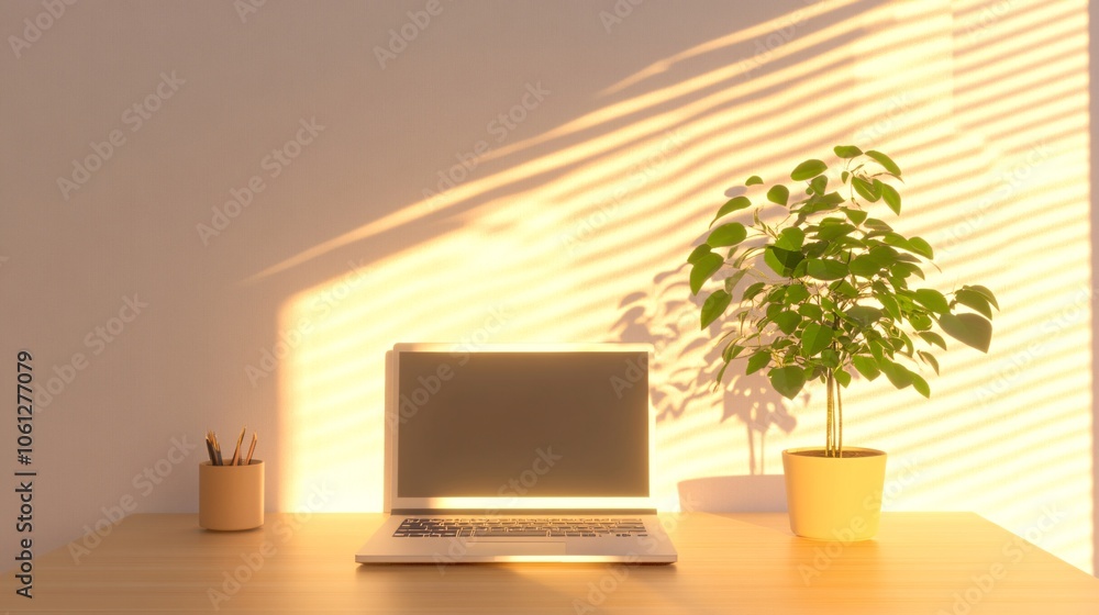 contemporary home office setup, portable computer, indoor foliage, translucent window treatments, golden hour illumination, wooden surfaces, peaceful productivity space contemporary home office setup, portable computer, indoor foliage, translucent window treatments, golden hour illumination, wooden surfaces, peaceful productivity space