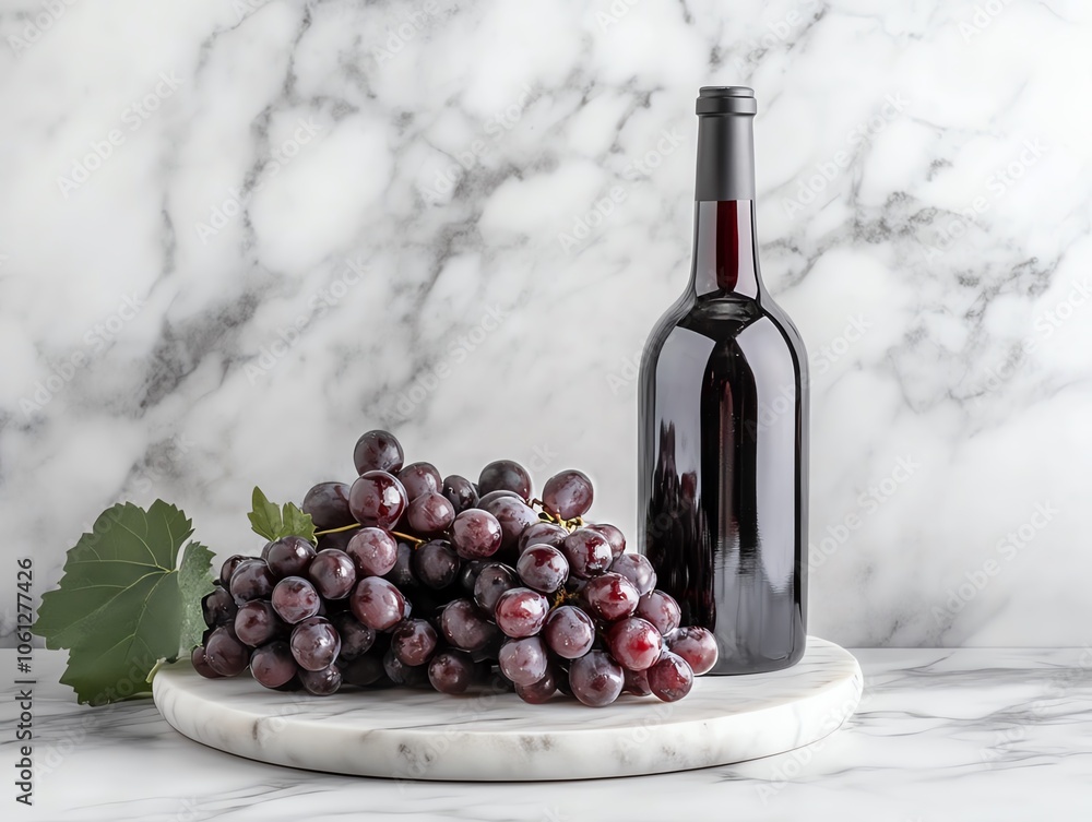 Obraz premium Red wine bottle with fresh grapes on marble.