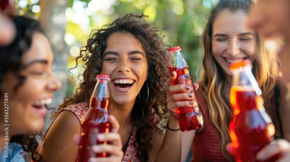 Laughing Young Women Enjoying Sodas Outdoors at a Summer Gathering Laughing Young Women Enjoying Sodas Outdoors at a Summer Gathering