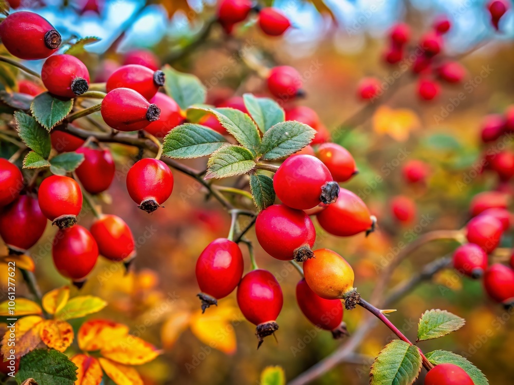Hagebuttenstrauch, a canvas of autumn's brilliance, showcasing vibrant berries and foliage. Hagebuttenstrauch, a canvas of autumn's brilliance, showcasing vibrant berries and foliage.